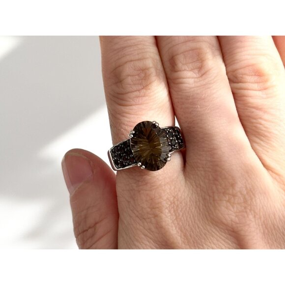 Modernist Smokey Quartz Semi-Precious 925 Sterling SilverVintage Ring - sz 9 - Picture 10 of 14